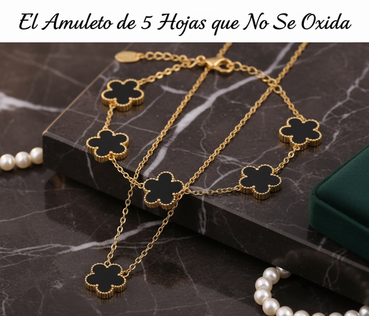 FORTUNA™ - Set de Joyas de Trébol de 5 Hojas (Negro y Oro)